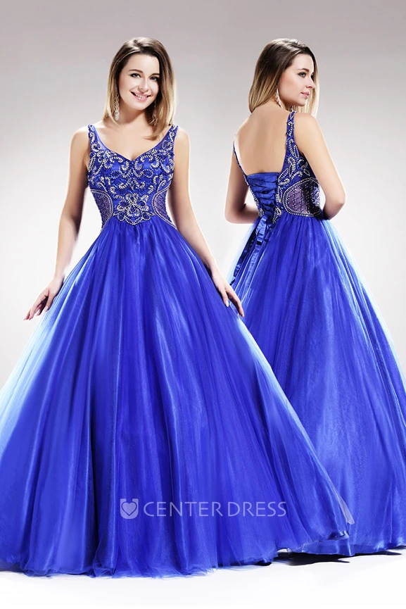 A-Line Maxi V-Neck Sleeveless Satin Corset Back Dress With Beading And Ruffles