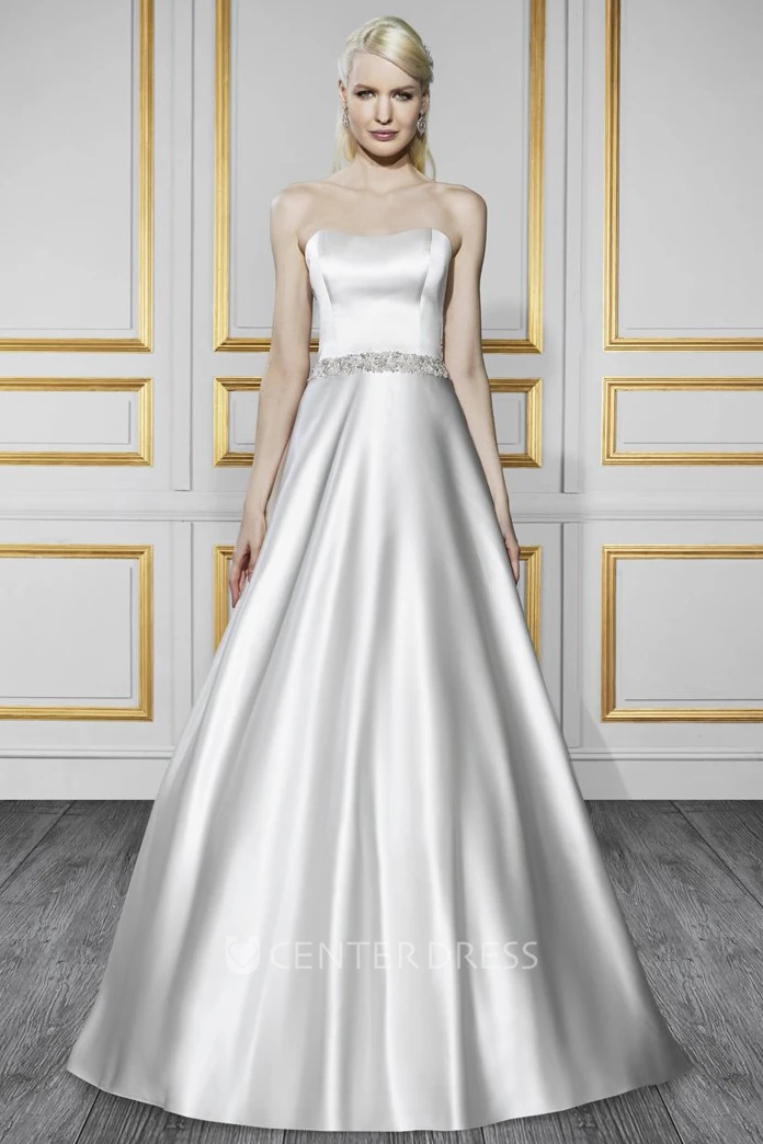 A-Line Sleeveless Strapless Floor-Length Jeweled Satin Wedding Dress With Bow And Backless Style