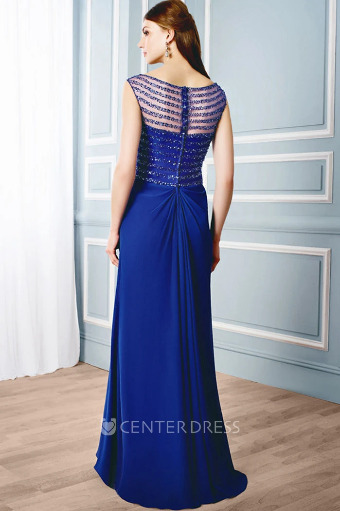 Sheath Bateau Long Side-Draped Cap-Sleeve Chiffon Formal Dress With Illusion Back And Beading