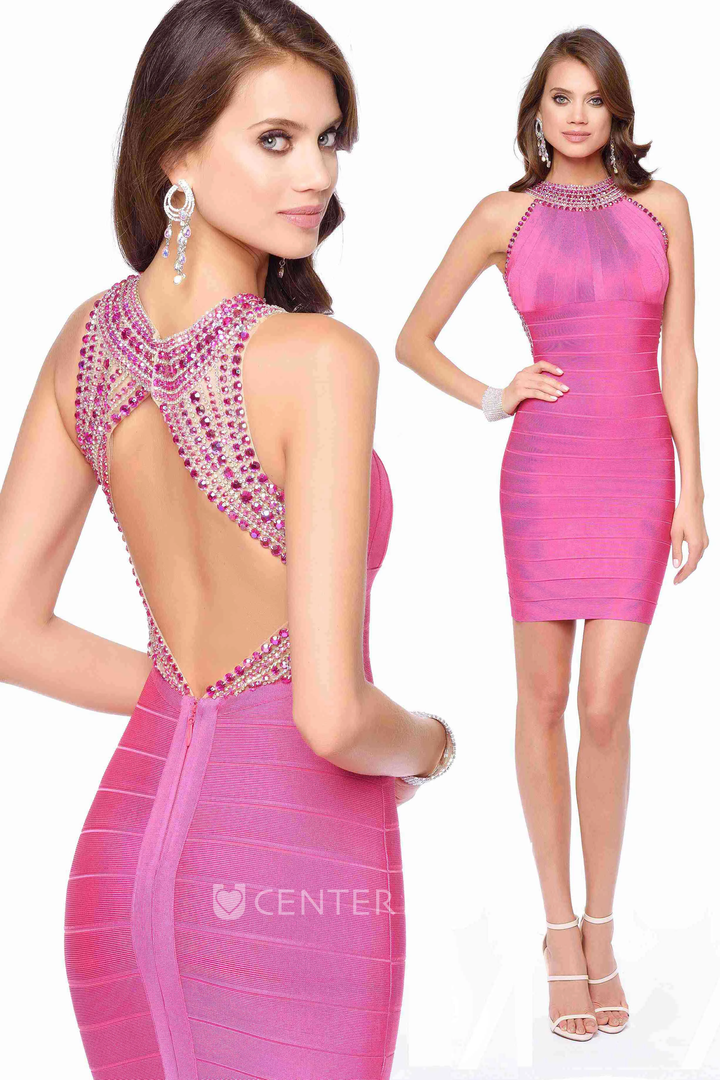 Pencil Short Jewel-Neck Sleeveless Keyhole Dress With Beading