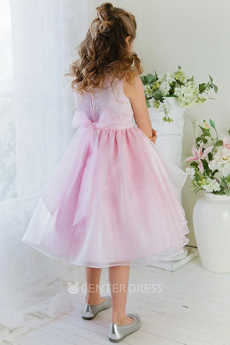 Embroideried Tea-Length Tiered Lace&Organza Flower Girl Dress