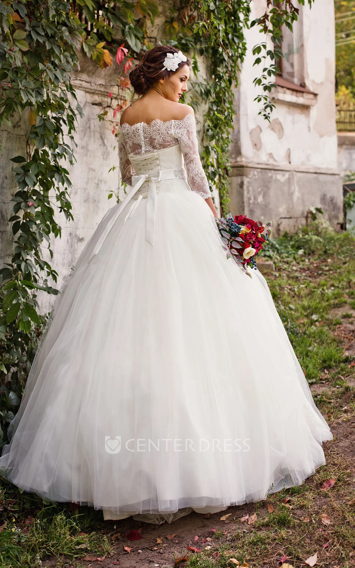 Ball Gown Floor-Length Off-The-Shoulder 3-4-Sleeve Illusion Lace Tulle Dress With Appliques And Beading