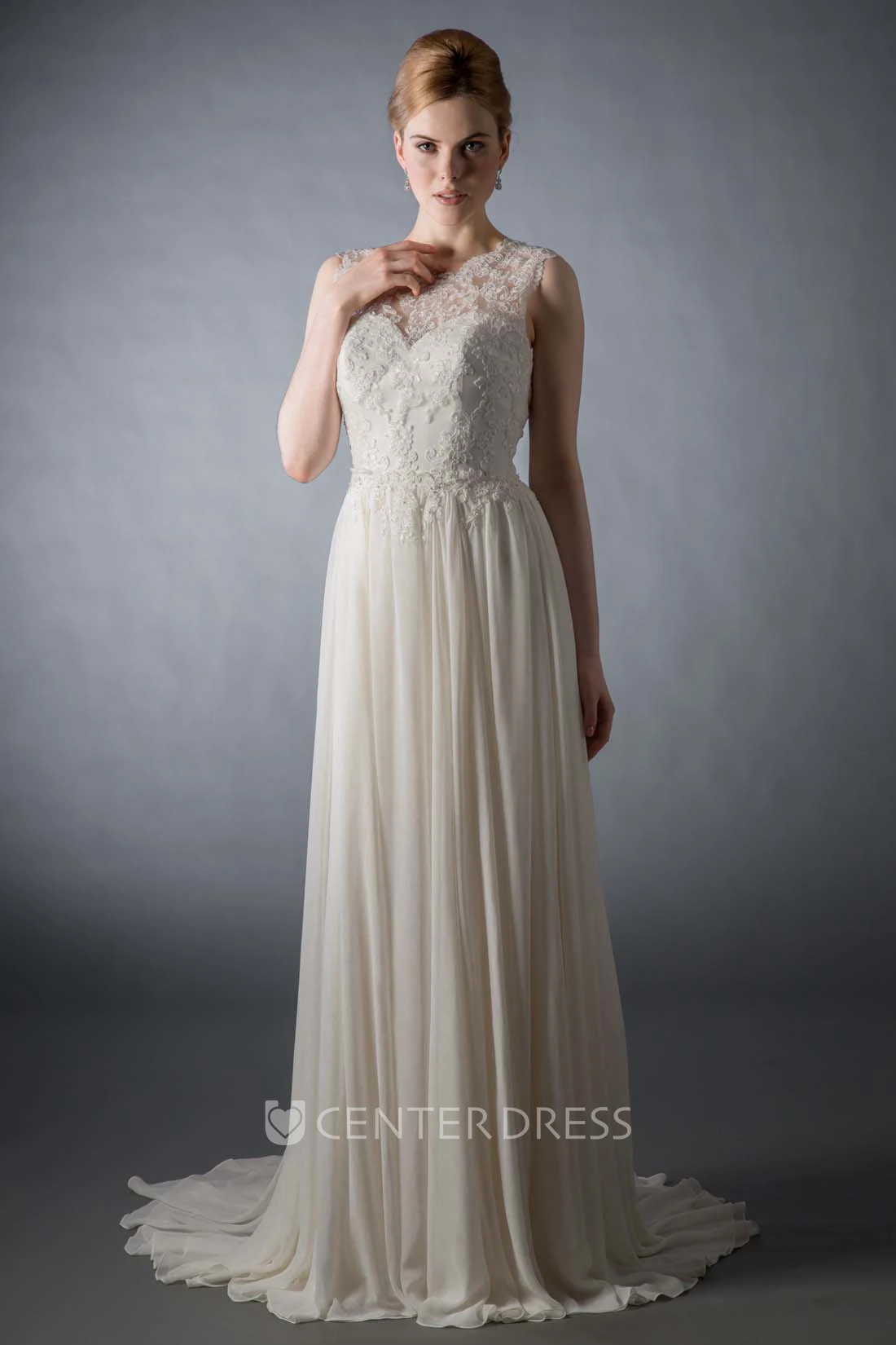 Long Scoop Appliqued Chiffon Wedding Dress With Sweep Train And Illusion
