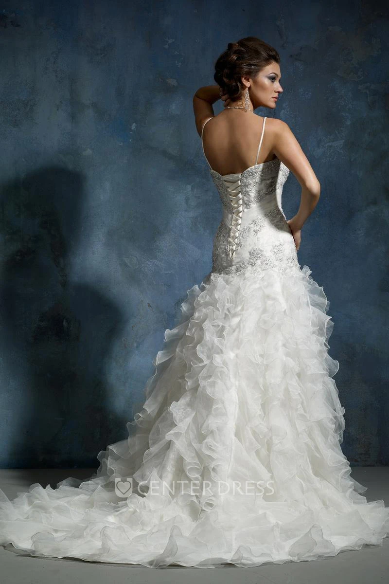 A-Line Long Sleeveless Cascading-Ruffle Spaghetti Organza Wedding Dress With Broach And Beading
