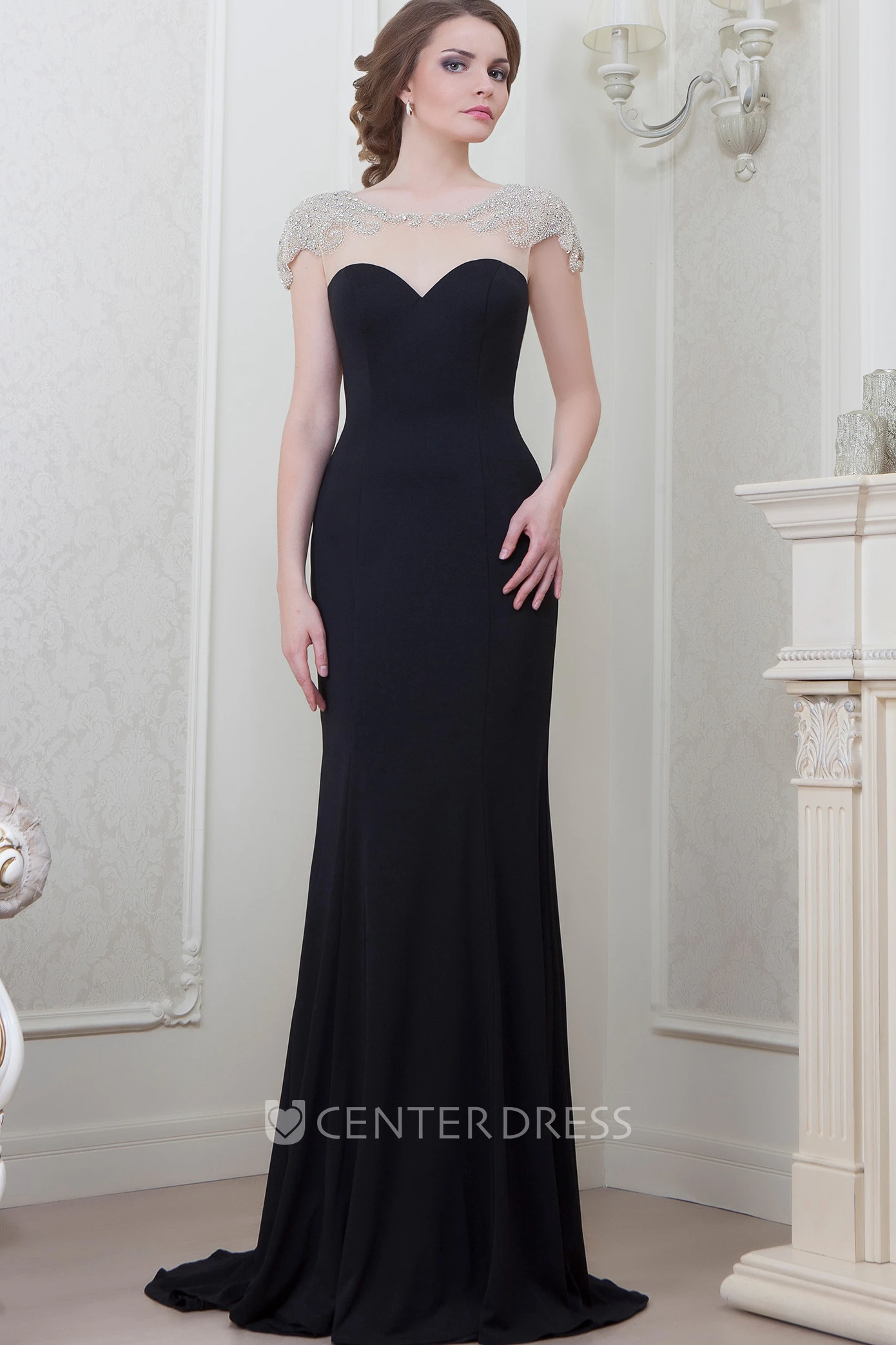 Floor-Length Cap Sleeve Scoop Neck Bowed Chiffon Evening Dress