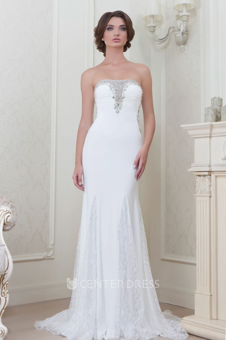 A-Line Beaded Strapless Sleeveless Floor-Length Lace Evening Dress With Appliques