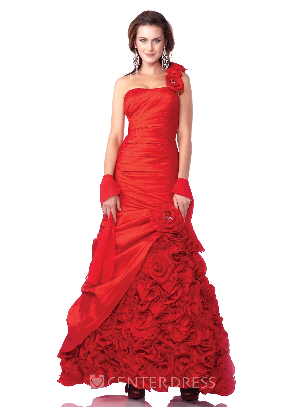 A-Line One-Shoulder Sleeveless Satin Dress With Flower And Side Draping