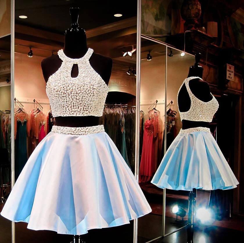 Sexy Halter Two Piece Short Homecoming Dress Beadings Sleeveless