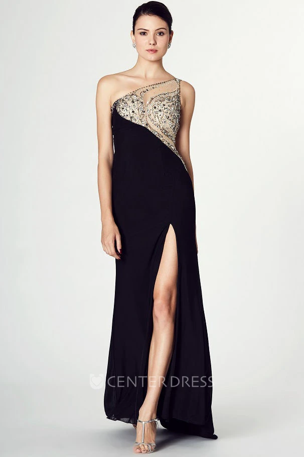 Sheath One-Shoulder Split-Front Sleeveless Jersey Prom Dress