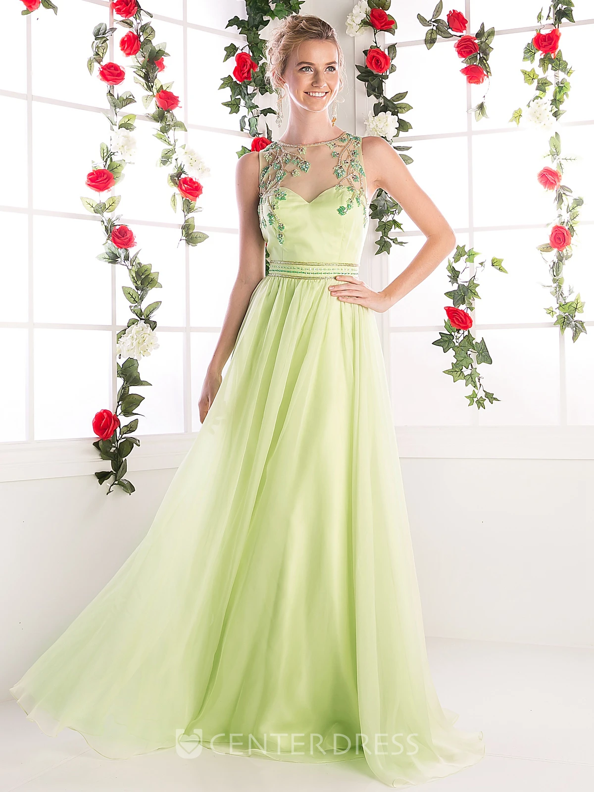 Sheath Scoop-Neck Sleeveless Chiffon Illusion Dress With Beading