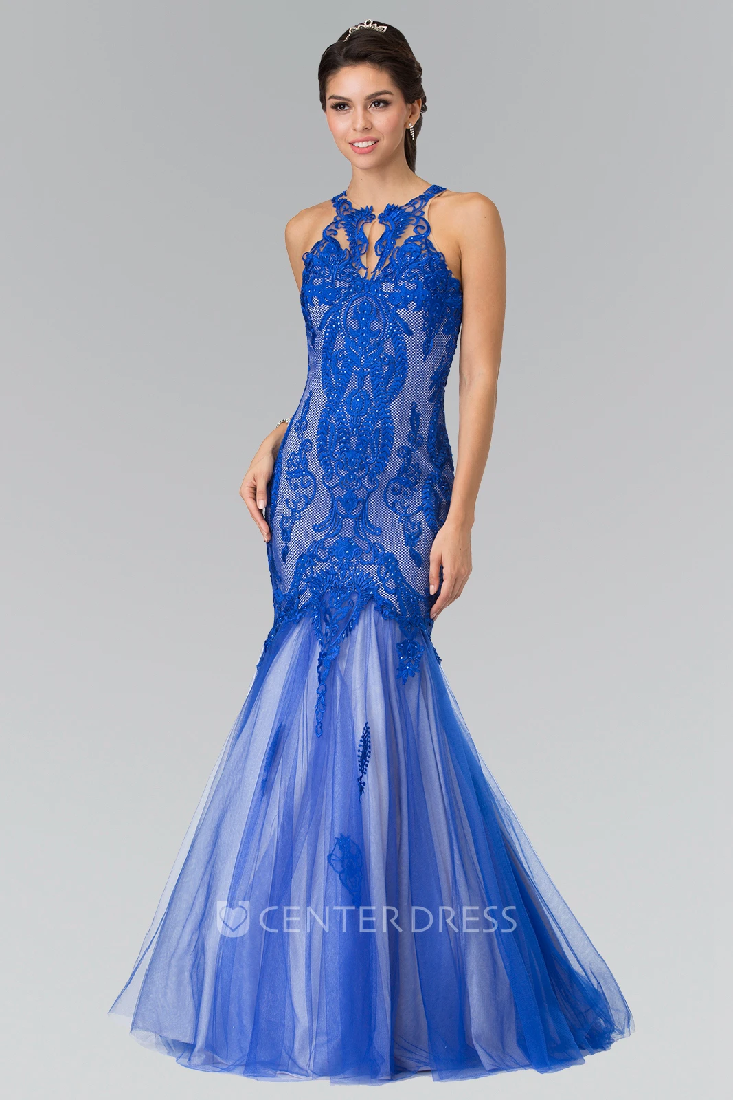 Mermaid Jewel-Neck Sleeveless Tulle Illusion Dress With Lace And Appliques