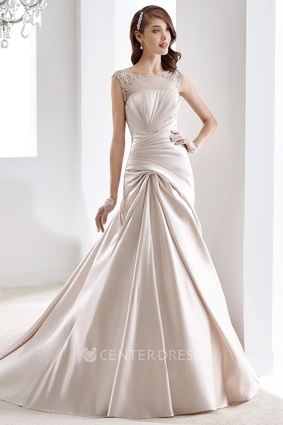 Cap Sleeve Beaded Satin Gown With Pleated Design And Illusive Neckline And Back