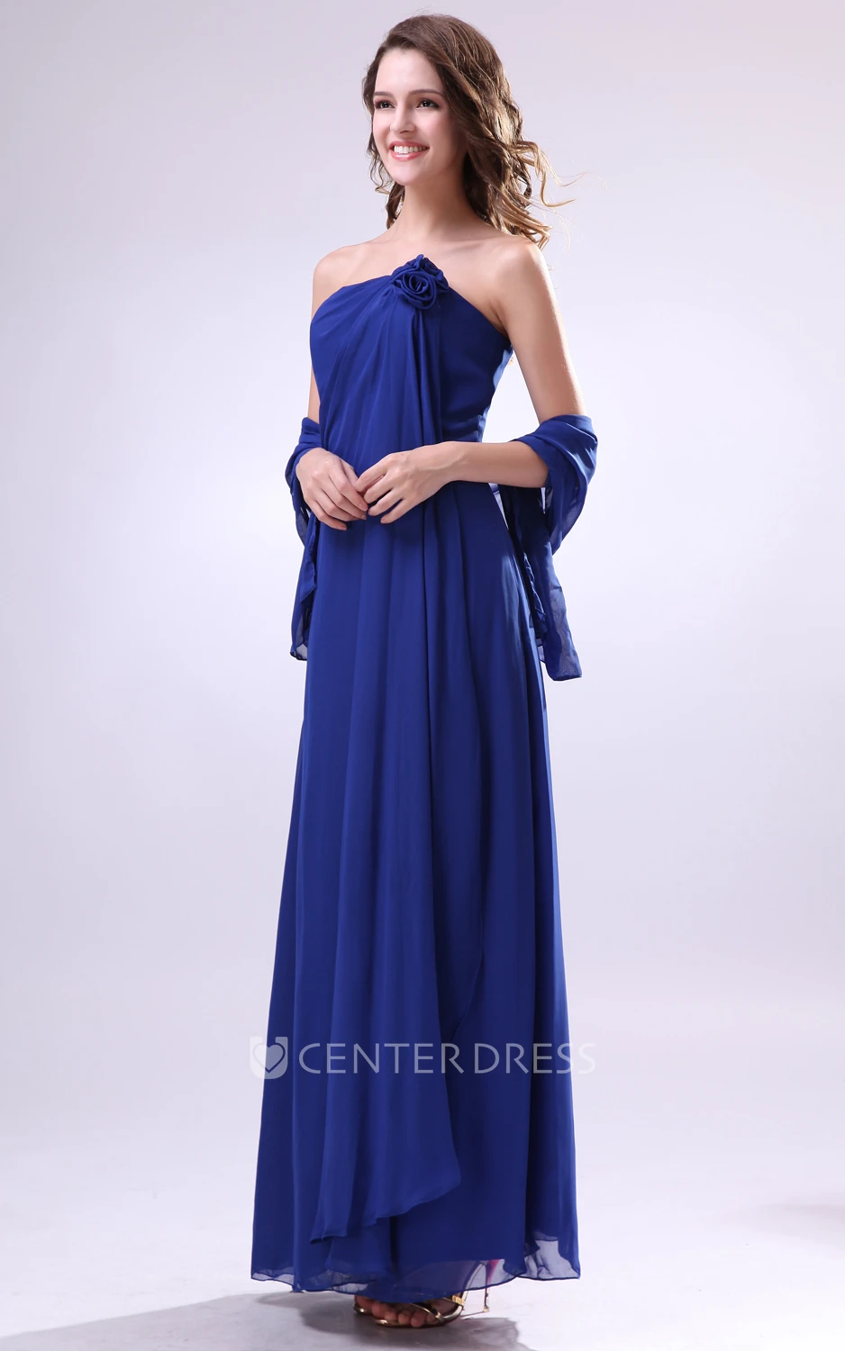 Flattering Ankle-Length Dress With Ruched Cap-And Flower