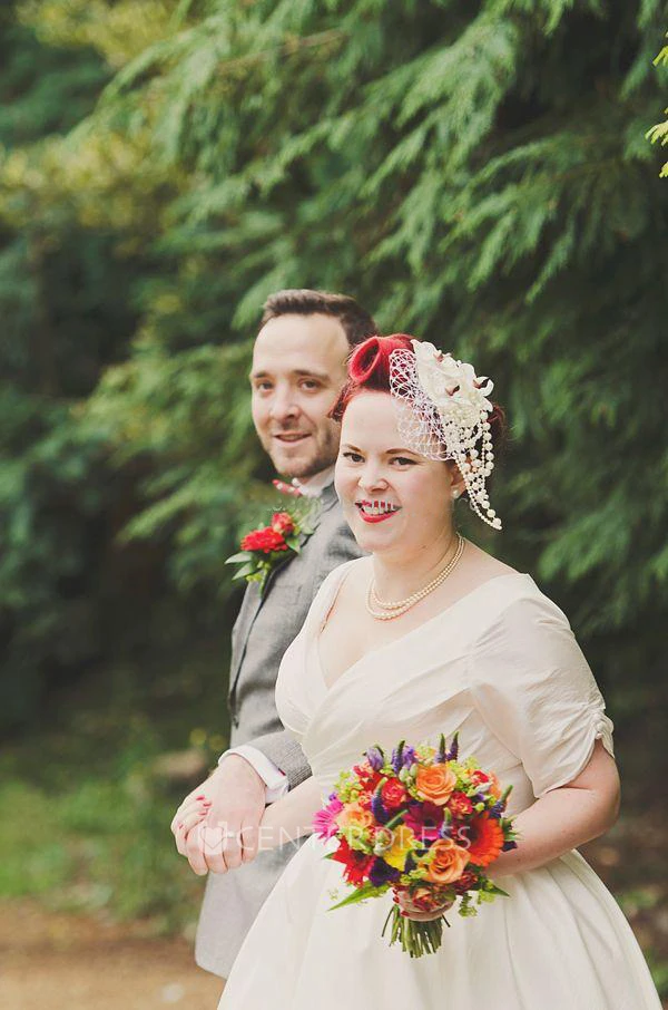 A Line V-neck Satin Lace Zipper Wedding Gown