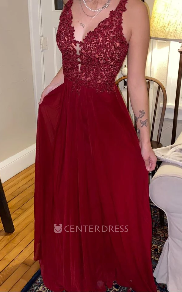 Lace V-neck Casual A-Line Prom Dress With Open Back And Appliques