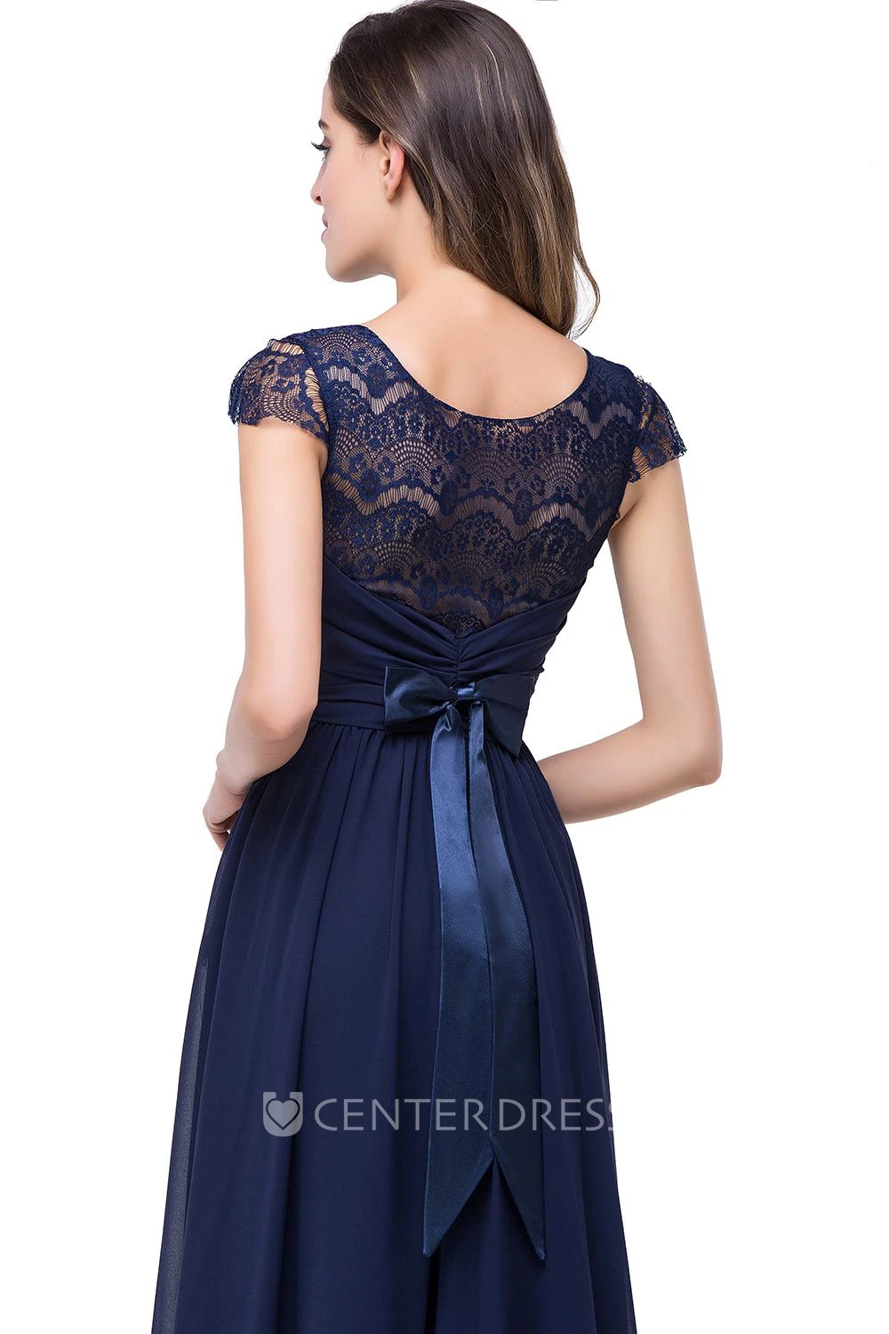 Elegant Chiffon Lace A-line Prom Dress Bowknot Cap Sleeve