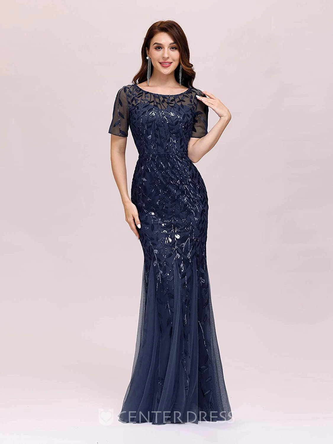 Trumpet Short Sleeve Tulle Sequins Elegant Zipper Illusion Dress with Pleats