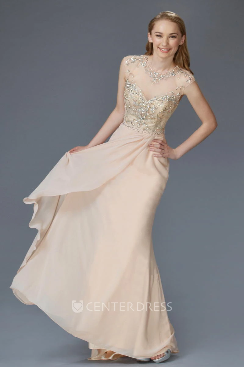 Sheath Jewel-Neck Cap-Sleeve Chiffon Illusion Dress With Beading And Lace