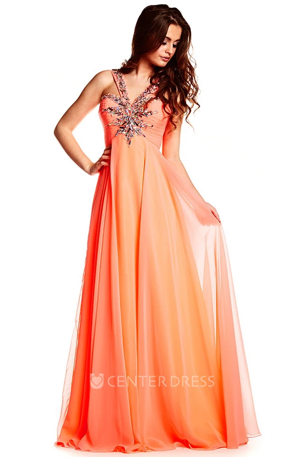 Floor-Length Sleeveless V-Neck Beaded Chiffon Prom Dress With Brush Train