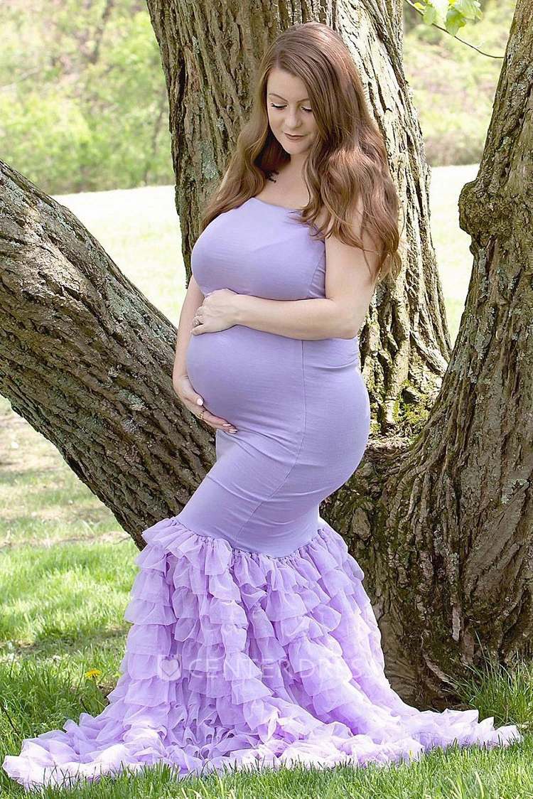 Mermaid Chiffon Jersey Strapless Sleeveless Ruched Tiers Maternity Dress