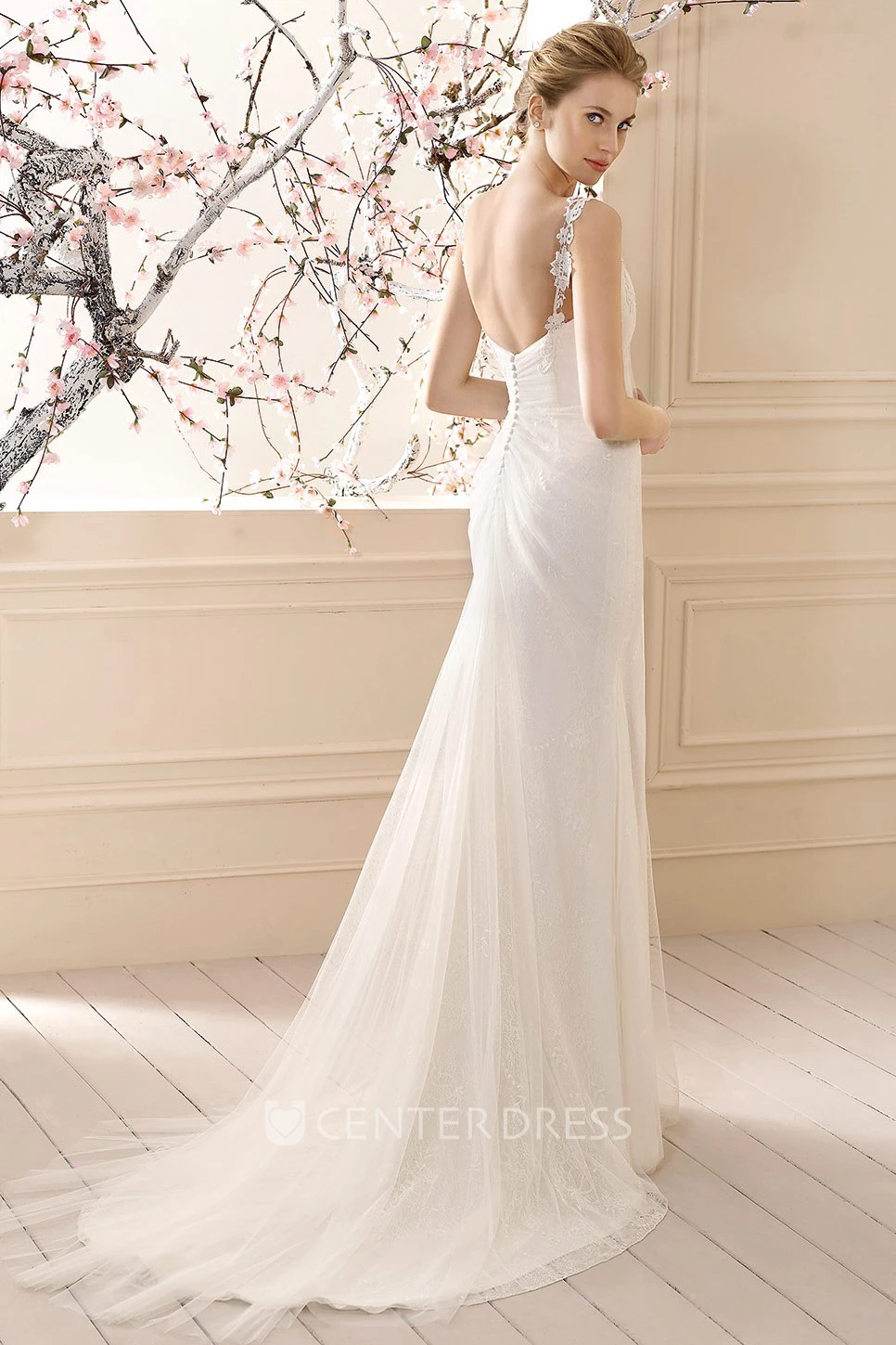 Sheath Strapped Appliqued Sleeveless Floor-Length Tulle Wedding Dress