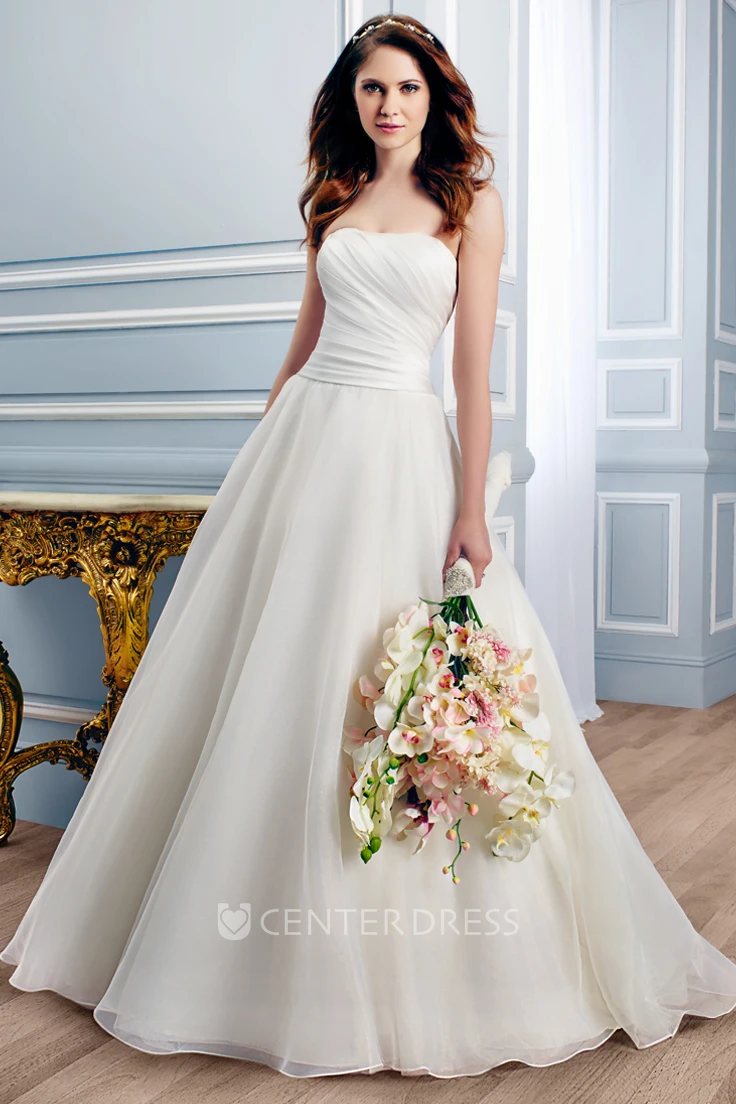 Long Strapless Ruched Chiffon Wedding Dress With Court Train