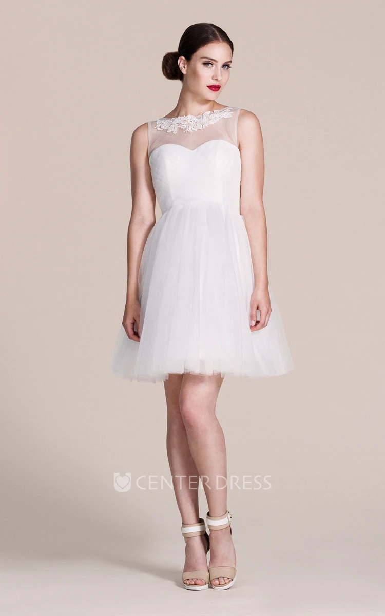 A-Line Tulle Short Bridesmaid Dress with Illusion Neck