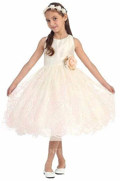 Floral Tea-Length Tiered Flower Girl Dress With Embroidery