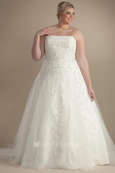 Ball Gown Maxi Spaghetti Poet-Sleeve Appliqued Tulle Plus Size Wedding Dress With Beading