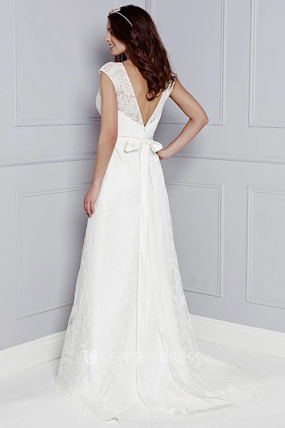 Floor-Length Cap-Sleeve Bowed Scoop-Neck Lace Warm Wedding Dress
