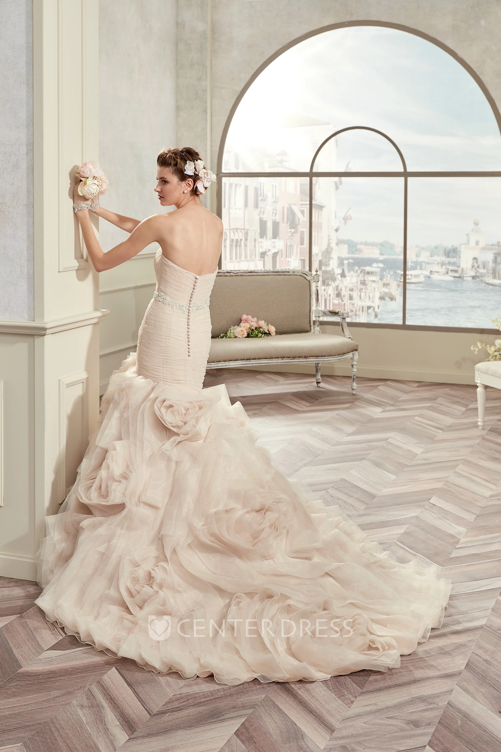 Sweetheart Pleated Bridal Gown With Floral Ruffles And Beaded Belt