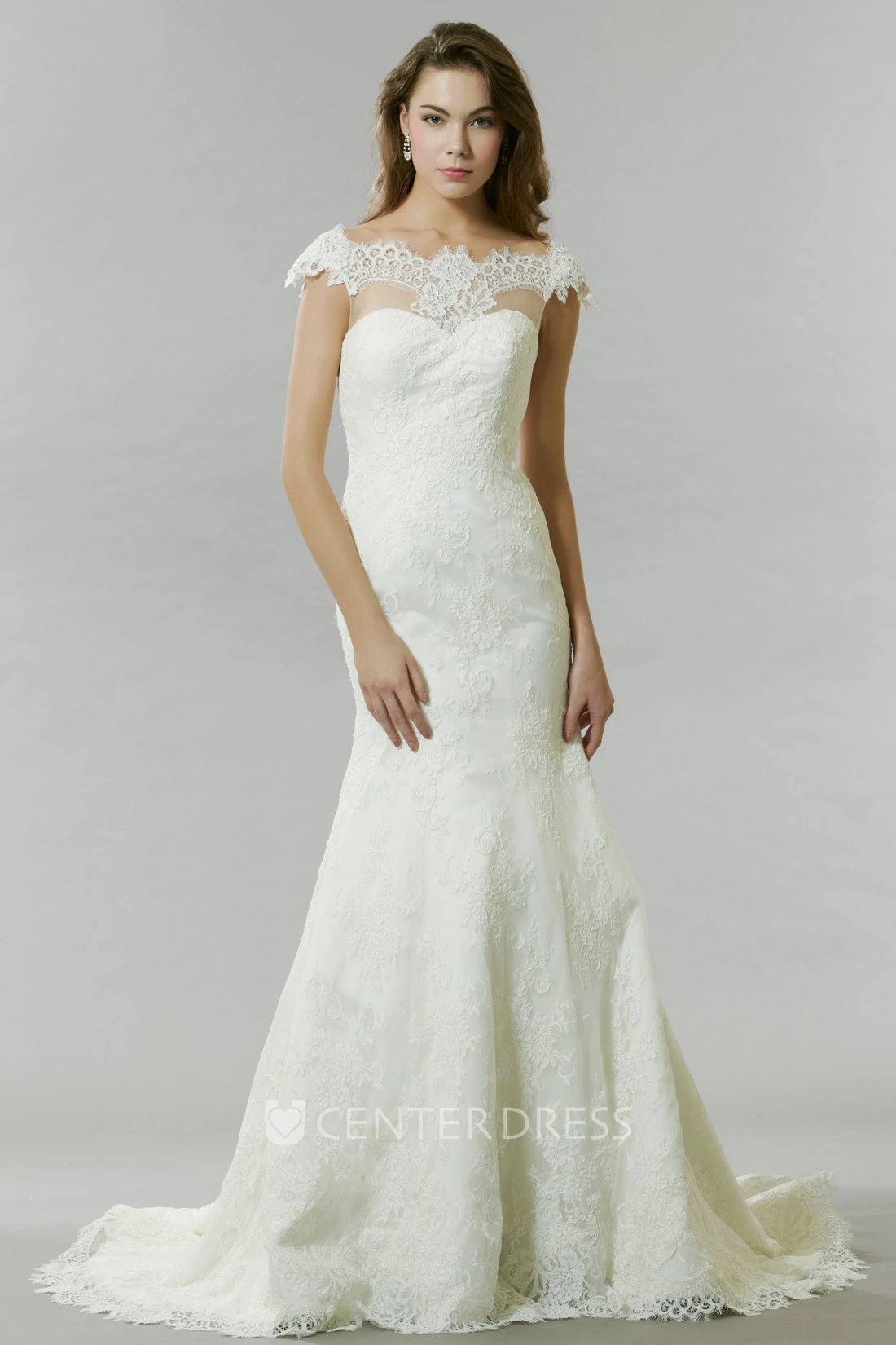 Cap Sleeve Bateau Neck Appliqued Lace Wedding Dress With Court Train