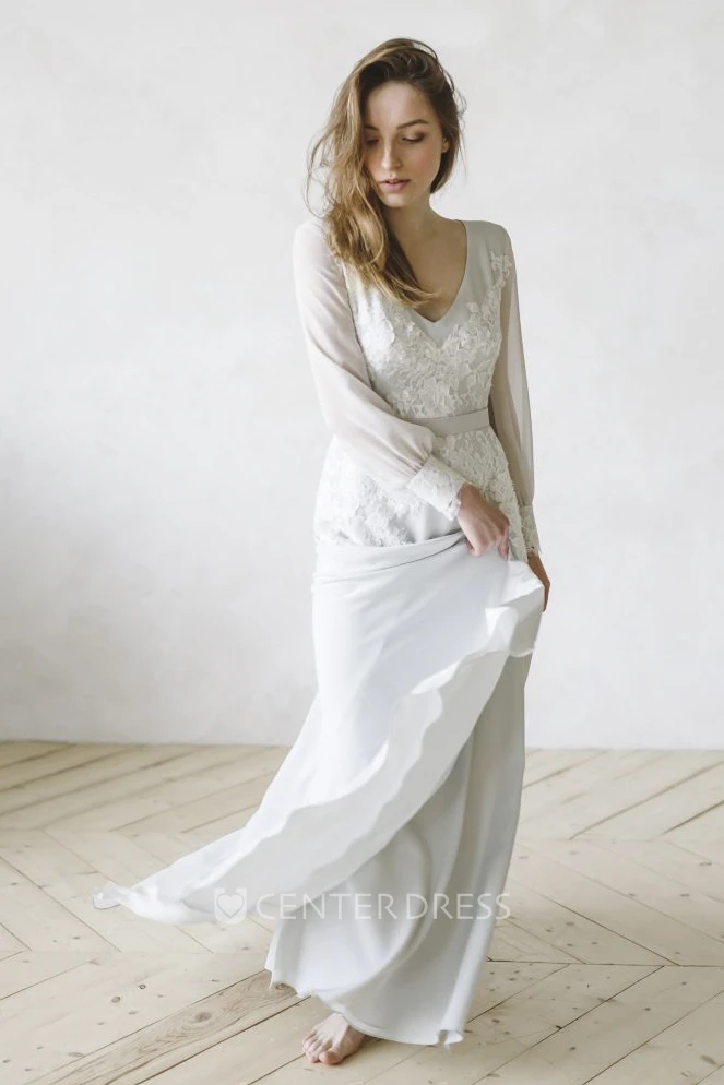 Lace Appliqued Split Chiffon Wedding Gown With Long Poet Sleeve And V-neck