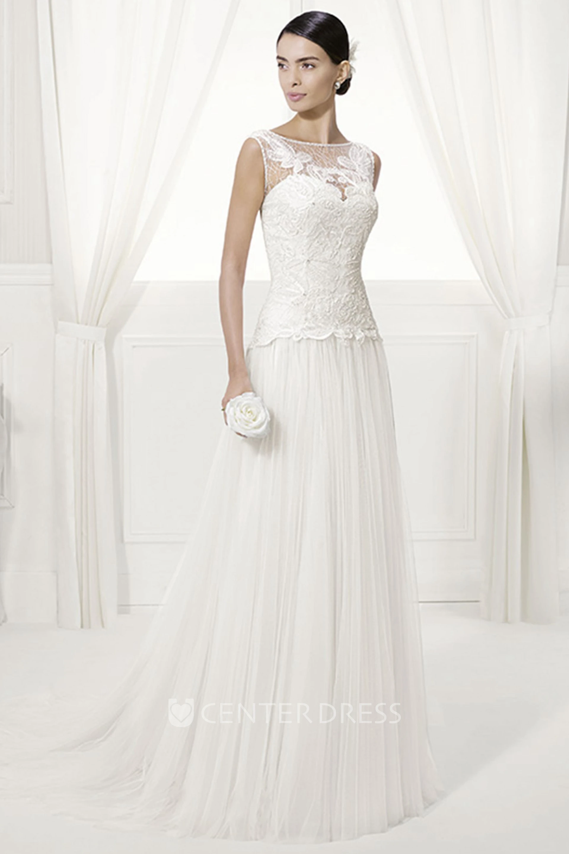 Jewel Neck Appliqued Bodice Bridal Gown With Pleated Tulle Skirt
