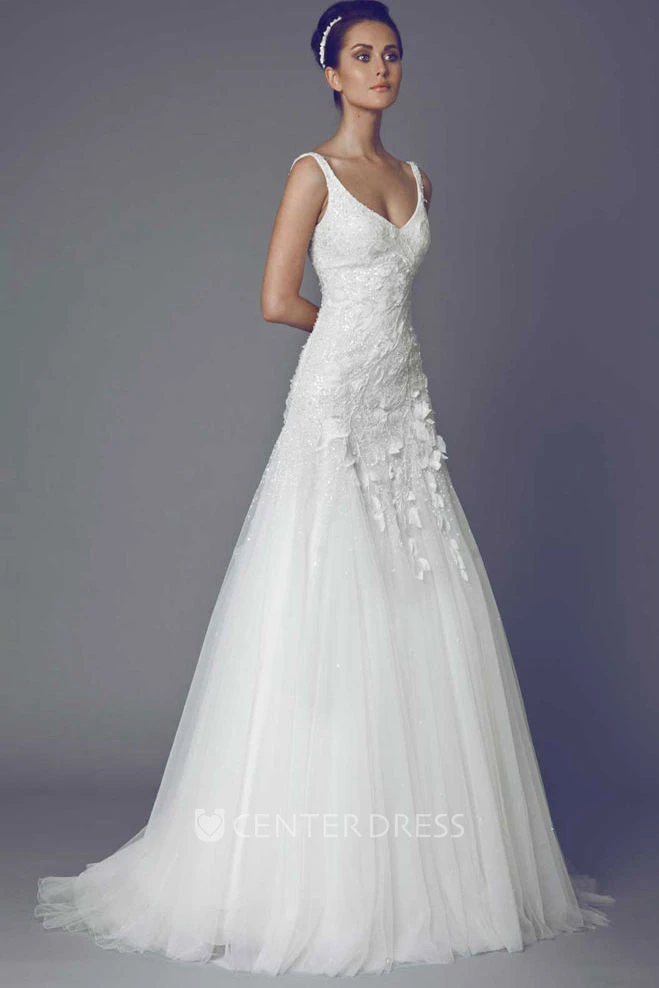 Long V-Neck Appliqued Tulle Wedding Dress With Sweep Train And V Back