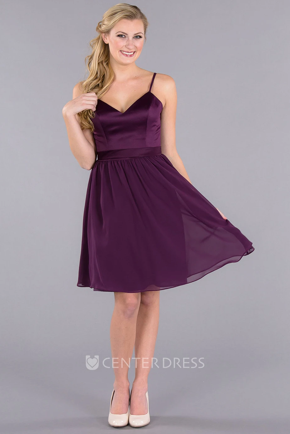 Knee-Length Sleeveless Ribboned Spaghetti Chiffon Bridesmaid Dress With Pleats