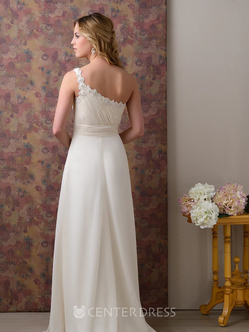 Ruched Bodice One-Shoulder Chiffon Wedding Dress With Beadings And Side Draping