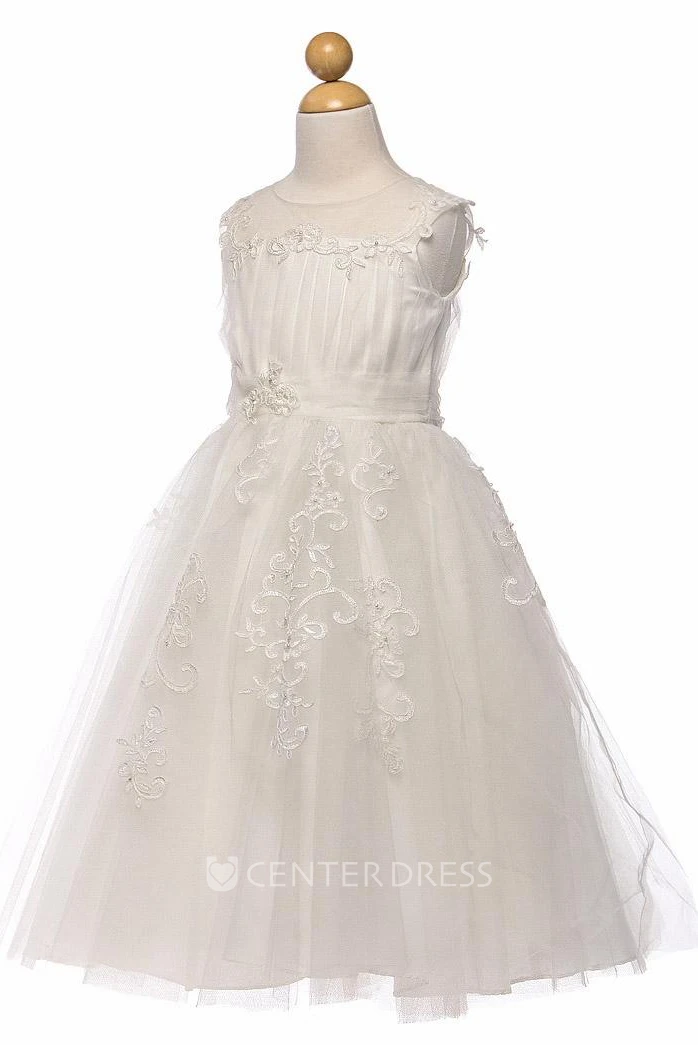 Tea-Length Embroideried Pleated Tiered Tulle Flower Girl Dress With Split Front