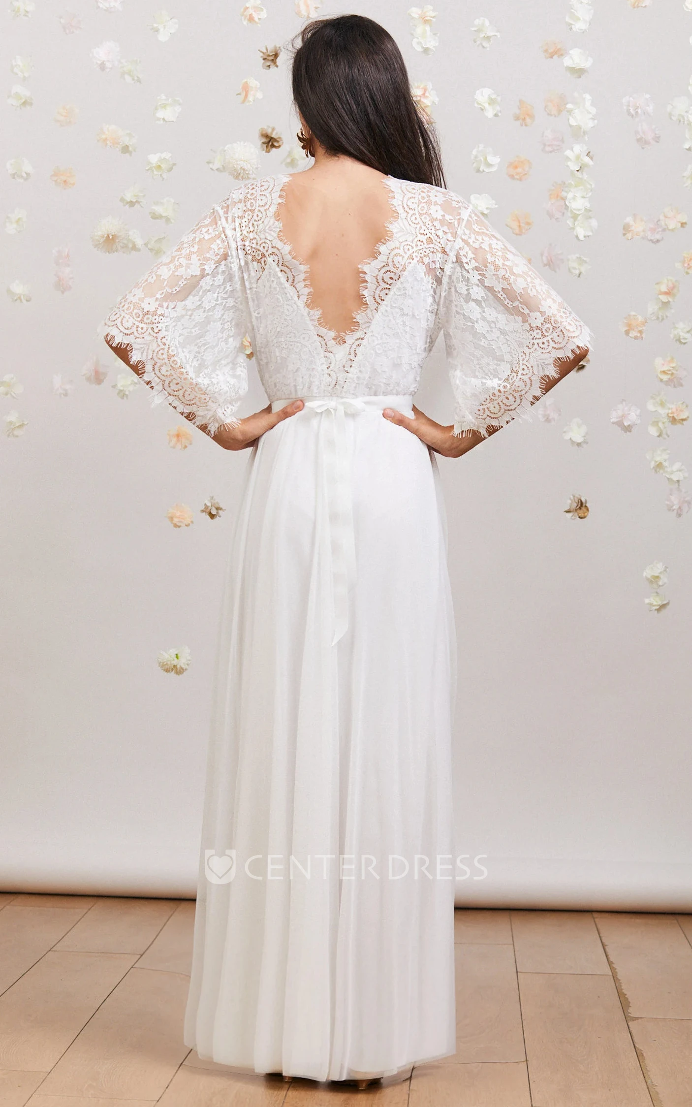 Boho Elegant Lace Winter Wedding Dress with Half Sleeves Deep V Neck Winter Bridal Dress for Modern Brides