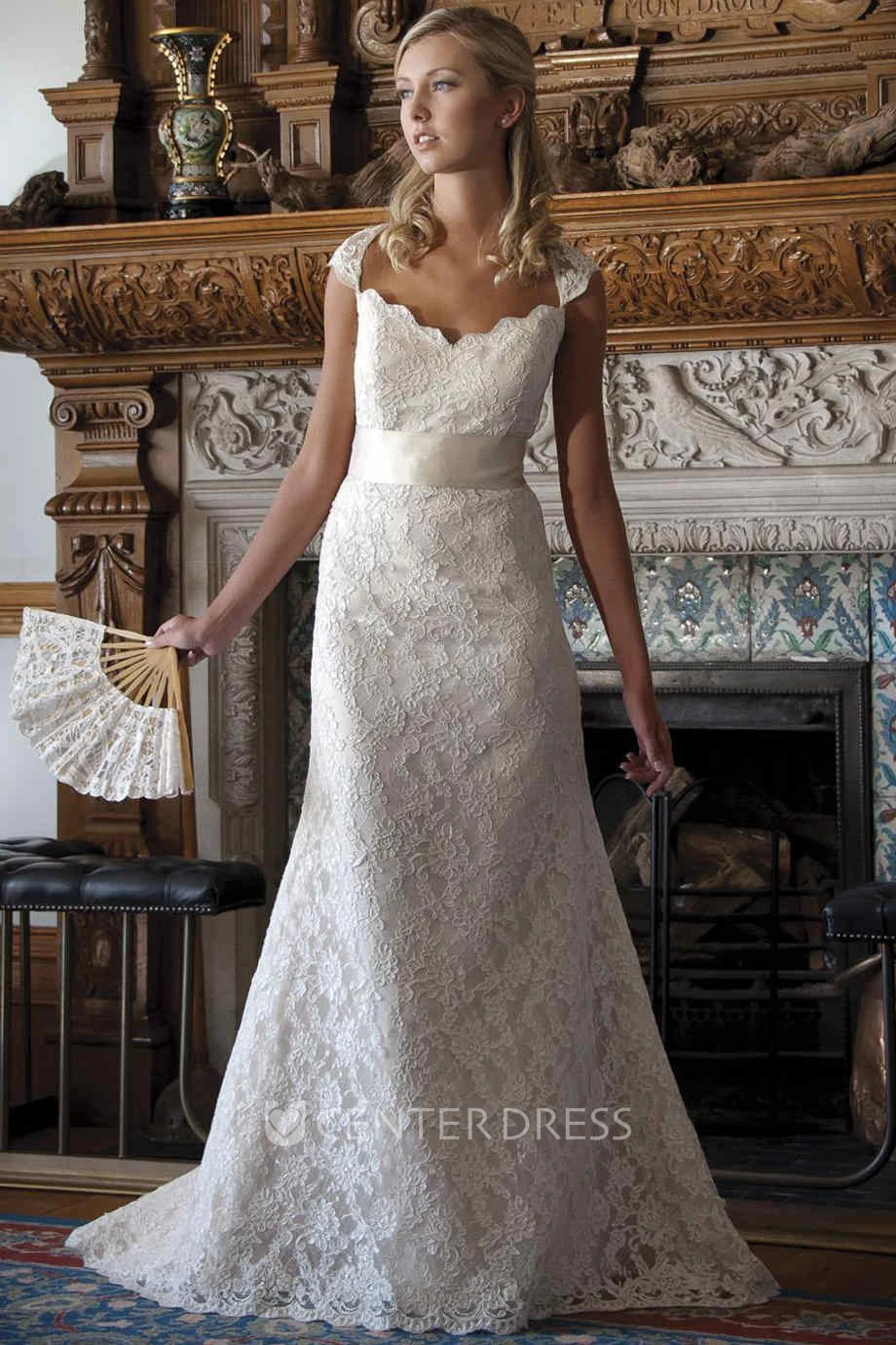V-Neck Cap-Sleeve Lace Wedding Dress With Ribbon