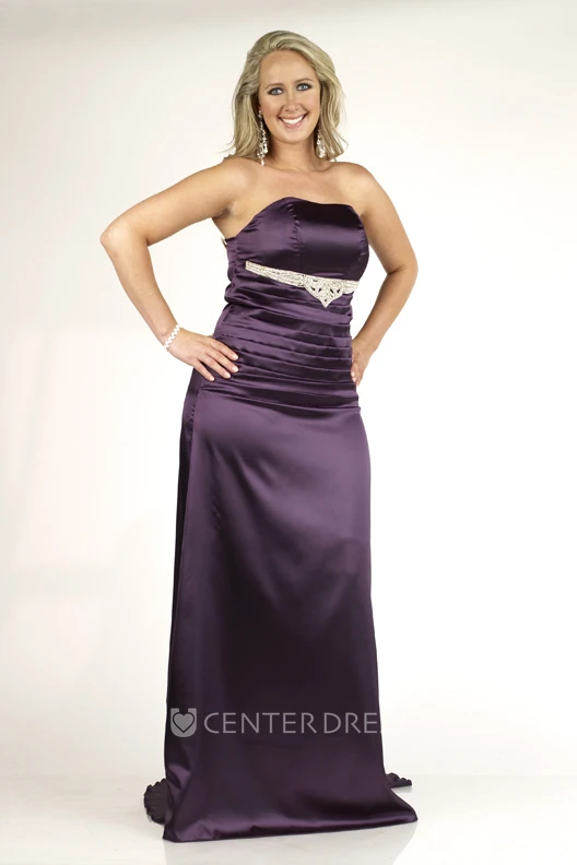 Sheath Floor-length Strapless Sleeveless Satin Ruching Waist Jewellery Backless Dress
