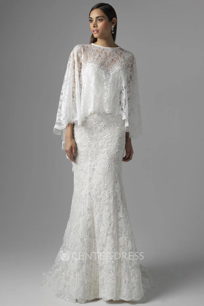 Sheath Appliqued Long Jewel Bat-Sleeve Lace Spring Wedding Dress With Brush Train And Illusion Back