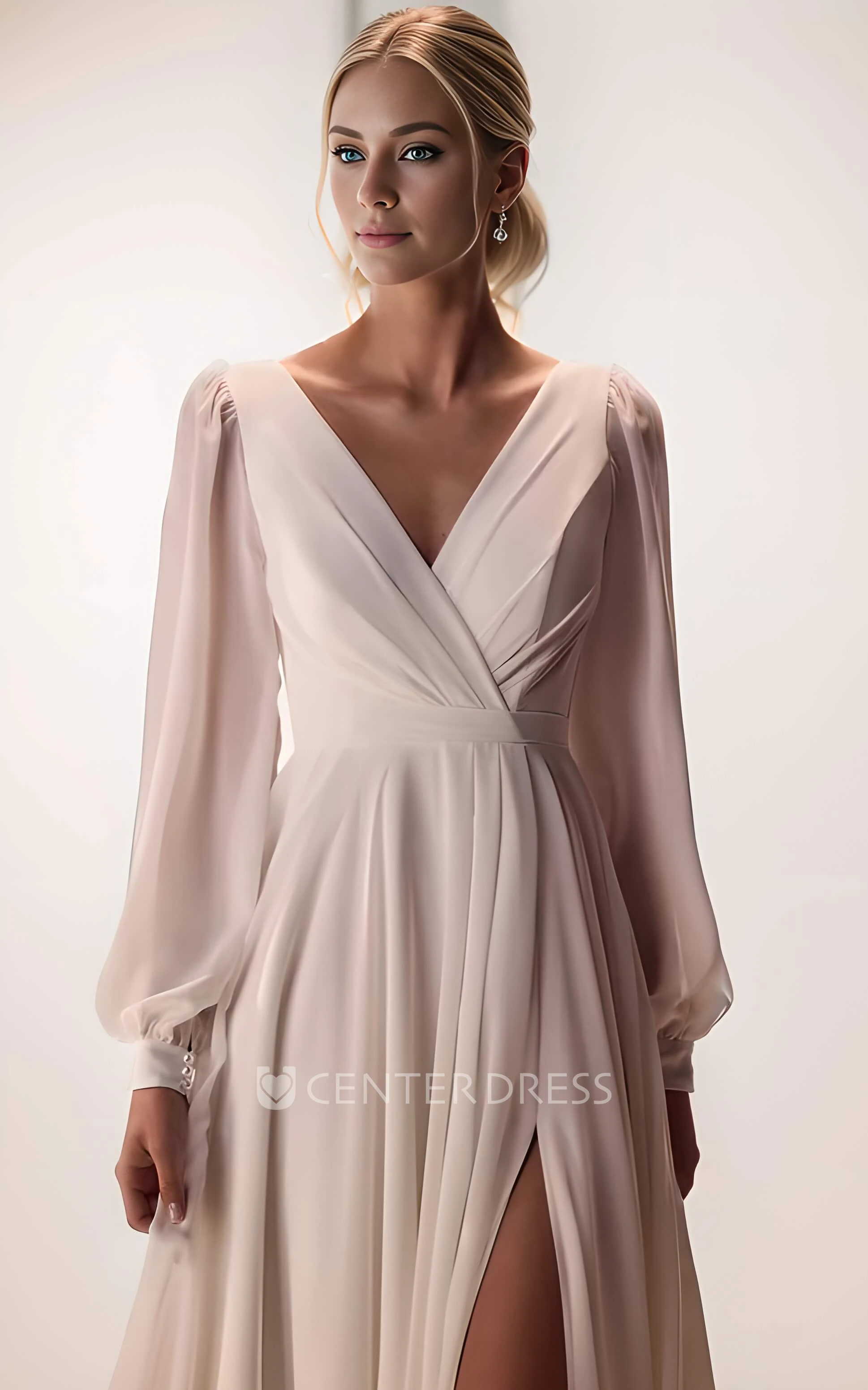 Flowy Modest V-Neck A-Line Long Sleeve Summer Maxi Wedding Dress Casual Minimalist Ruching Low Back Slit Reception Vow Renewal Dress for Bride