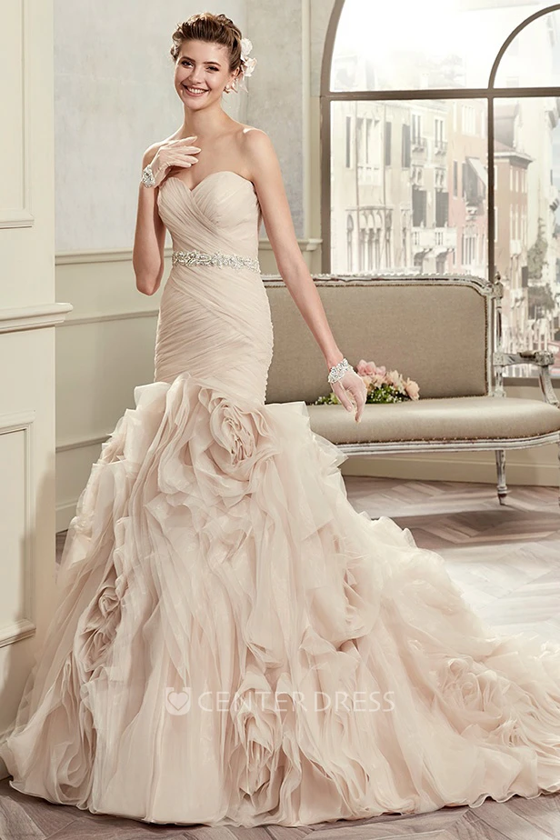 Sweetheart Pleated Bridal Gown With Floral Ruffles And Beaded Belt