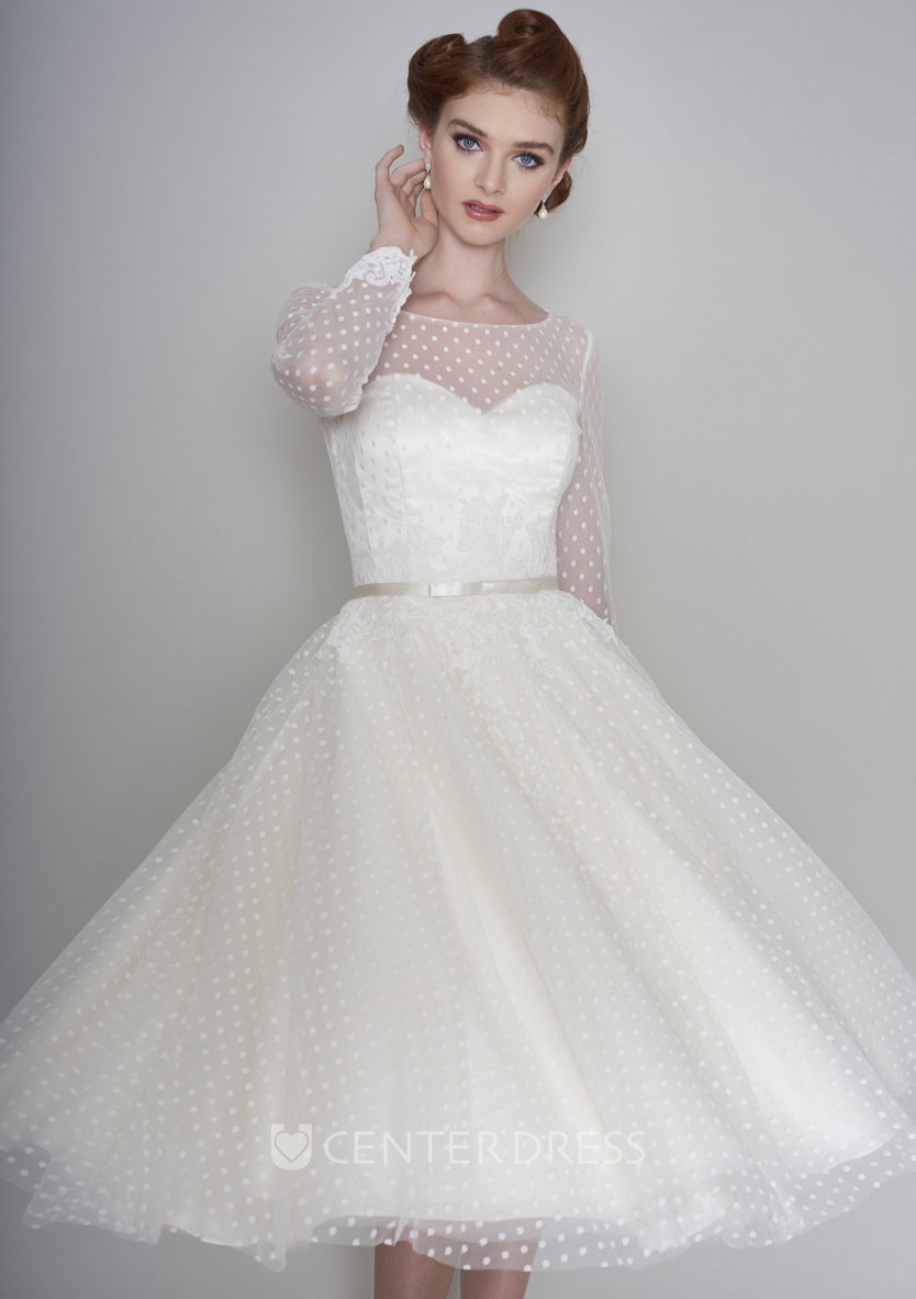 Long Sleeve Tea Length Vintage Illusion Bateau Sweetheart Tulle Wedding  Dress