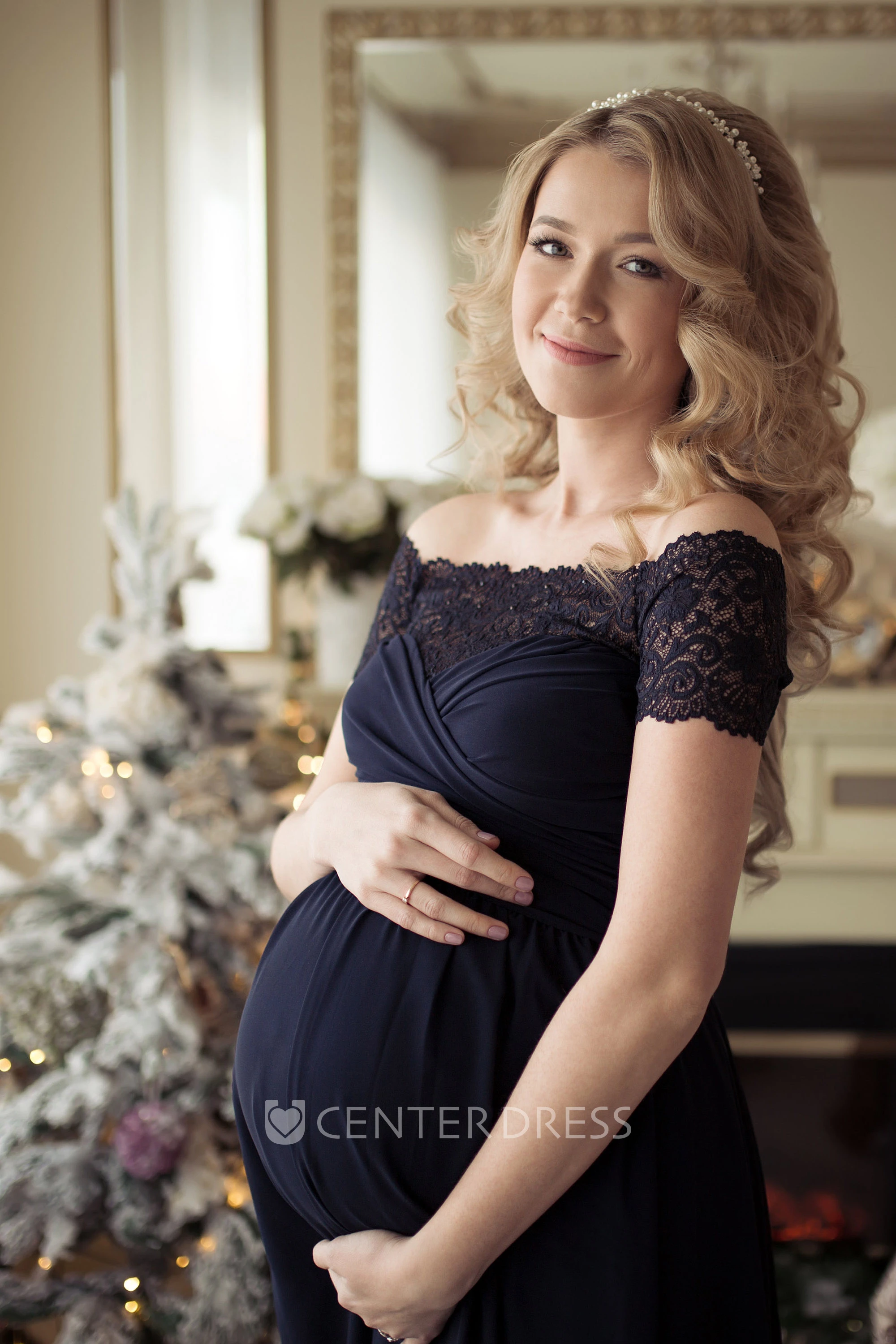 A-line Chiffon Off-the-shoulder Short Sleeve Lace Ruched Maternity Dress