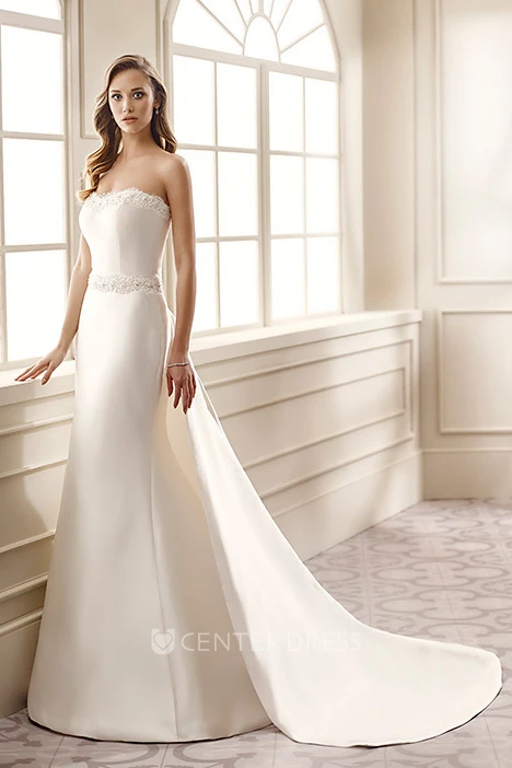 Sheath Strapless Beaded Maxi Sleeveless Satin Wedding Dress With Waist Jewellery