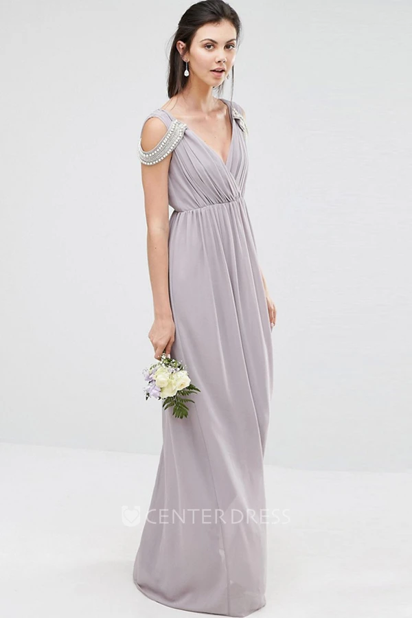 Sheath Beaded V-Neck Chiffon Bridesmaid Dress With Criss Cross