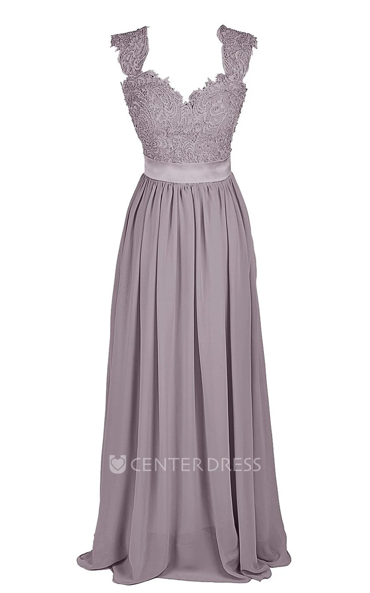 Cap-sleeve Long Dress With Lace Bodice and Sash