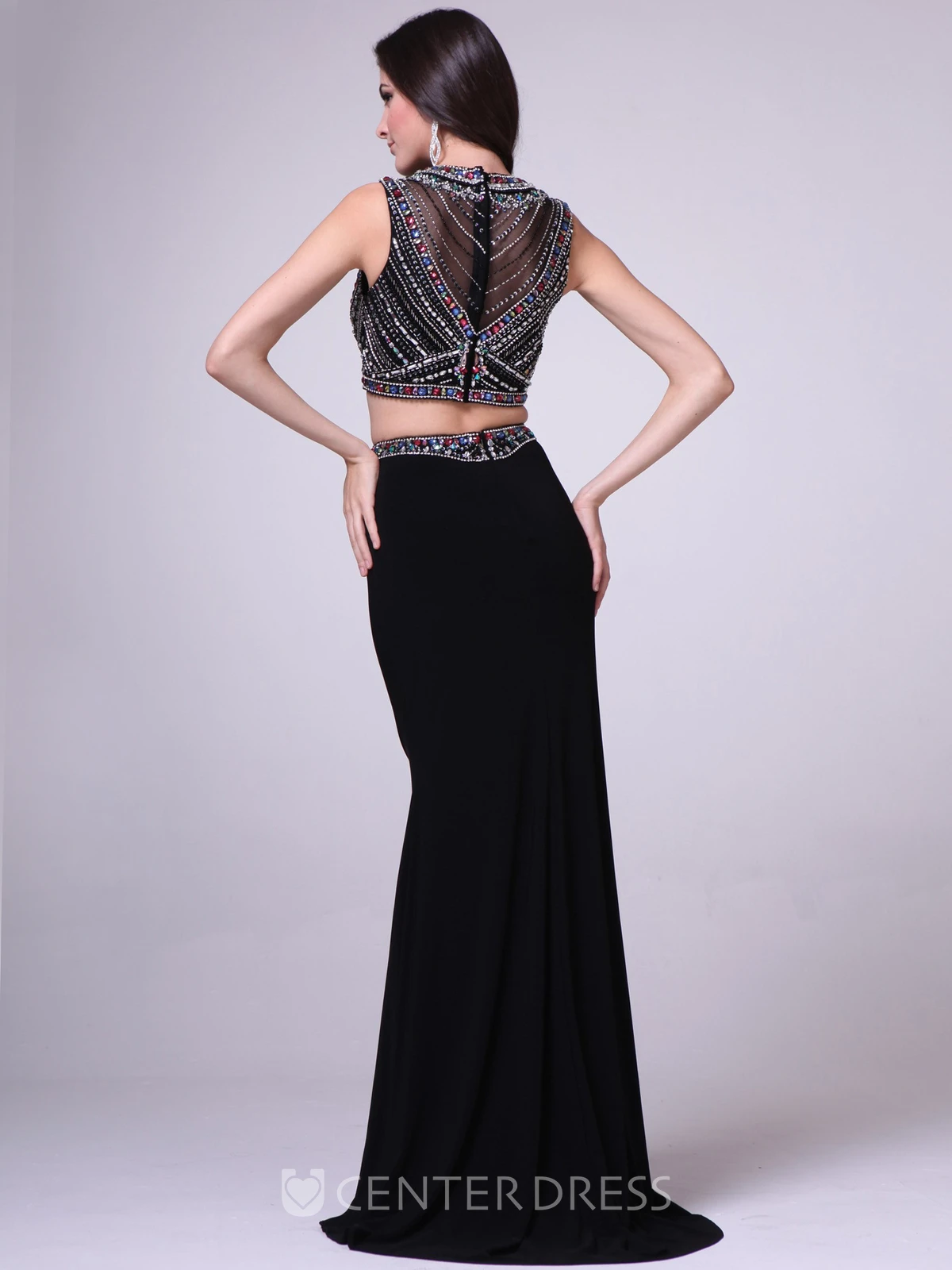 Two-Piece Sheath Maxi Jewel-Neck Sleeveless Jersey Illusion Dress With Crystal Detailing